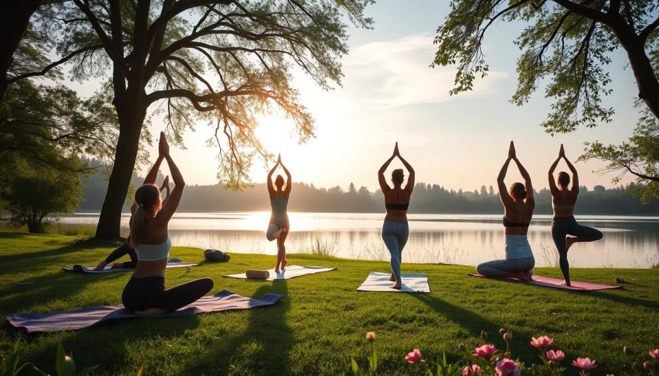 A group of people exercising in the park
